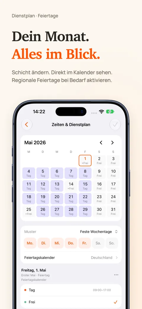Monatskalender von DoneAt auf dem iPhone mit Arbeits- und Ruhetagen, darunter das Wochentagsmuster und ein Feiertagskalender.