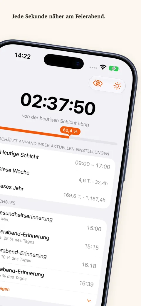 DoneAt auf dem iPhone: die Restzeit der heutigen Schicht über einem Fortschrittsbalken, darunter die Stunden dieser Woche und dieses Jahres und die nächsten Erinnerungen.