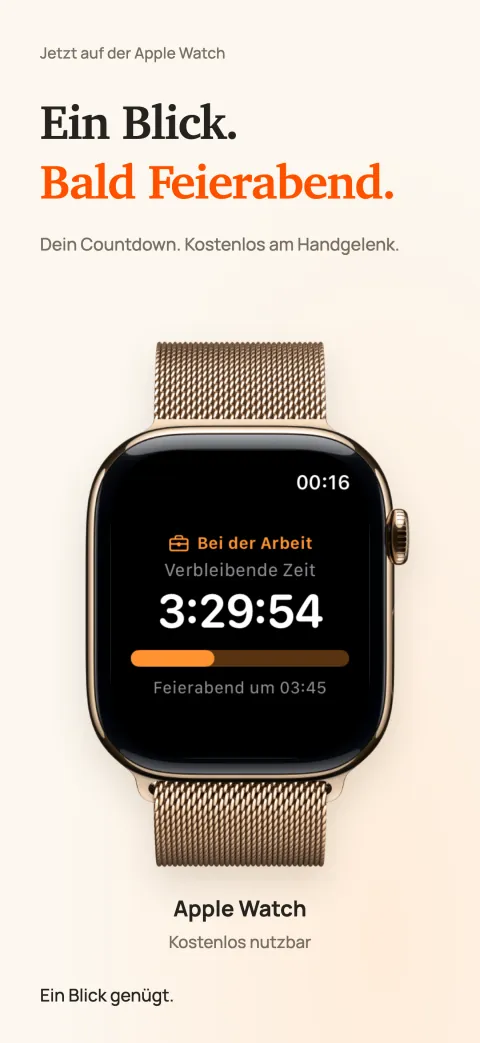 DoneAt auf der Apple Watch mit der Restzeit der Schicht, einem Fortschrittsbalken und der Uhrzeit des Feierabends.