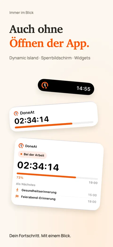 DoneAt in der Dynamic Island, als Live-Aktivität auf dem Sperrbildschirm und als Widget auf dem Home-Bildschirm, jeweils mit Restzeit und Fortschritt der Schicht.