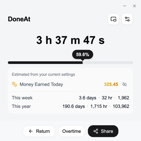 The DoneAt window on a computer showing the time left in the shift, progress, money earned today, and this week's and this year's totals.