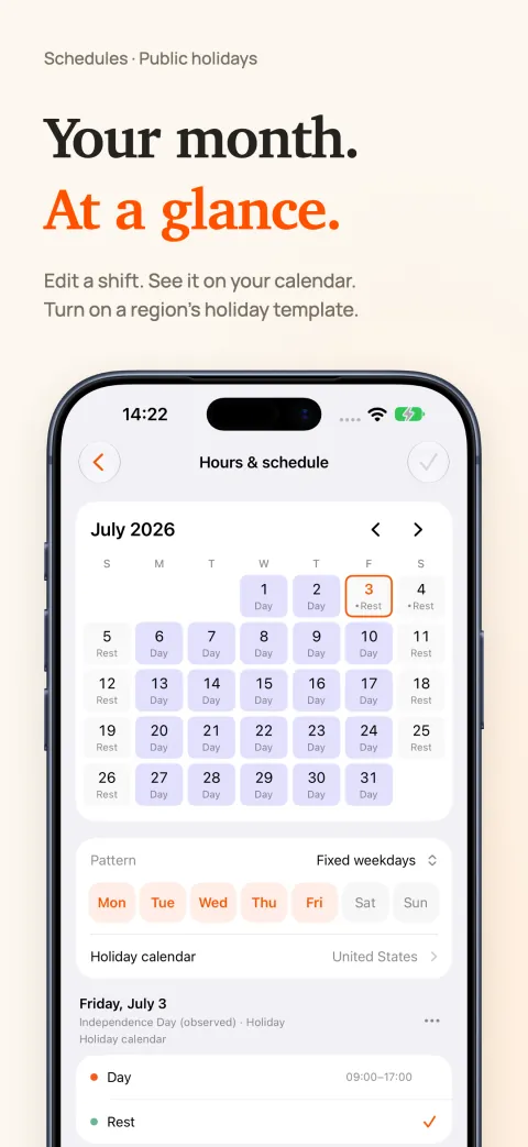 DoneAt's monthly calendar on iPhone marking workdays and rest days, with the weekday pattern and a public holiday calendar below.