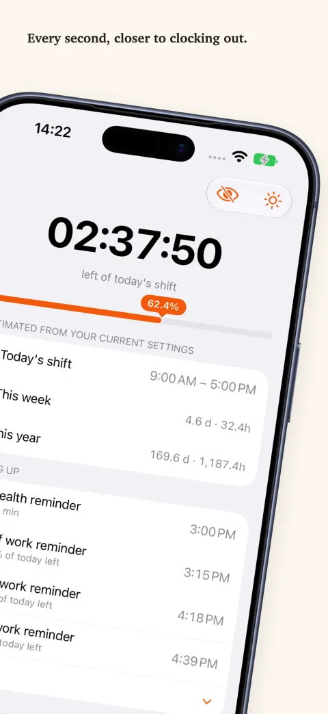 DoneAt on iPhone: the time left in today's shift above a progress bar, followed by this week's and this year's hours and a list of upcoming reminders.