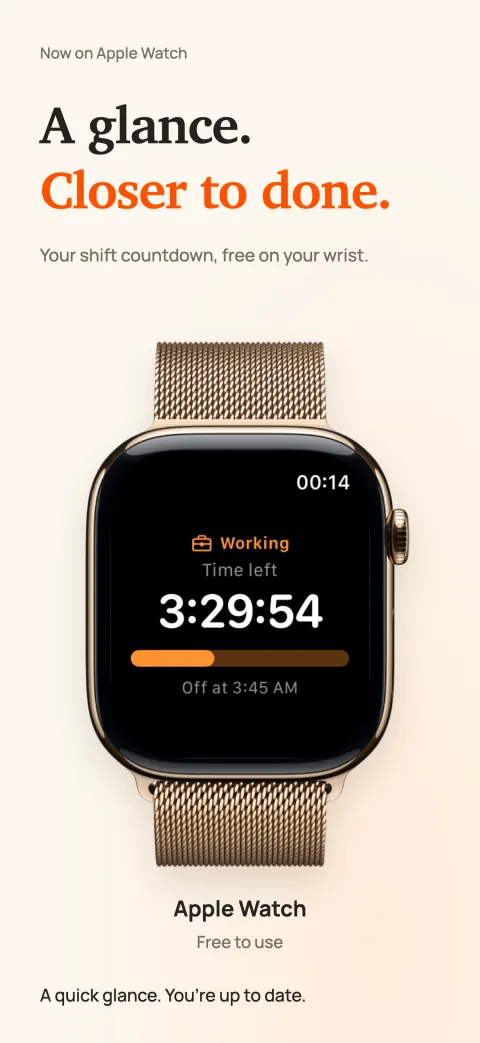 DoneAt on Apple Watch showing the time left in the shift, a progress bar and the time the shift ends.
