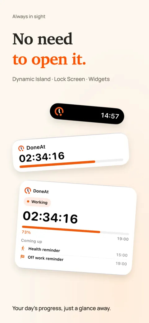 DoneAt in the Dynamic Island, as a Lock Screen Live Activity and as a Home Screen widget, each showing the time left in the shift and its progress.