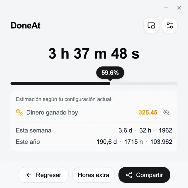 Ventana de DoneAt en el ordenador con el tiempo que queda del turno, el progreso, el dinero ganado hoy y los totales de la semana y del año.