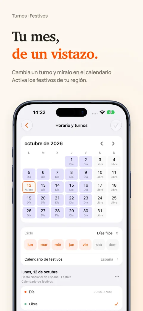 Calendario mensual de DoneAt en iPhone con días de trabajo y de descanso y, debajo, el patrón por días de la semana y un calendario de festivos.