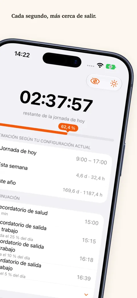 DoneAt en iPhone: el tiempo que queda del turno de hoy sobre una barra de progreso y, debajo, las horas de esta semana y de este año y la lista de próximos avisos.