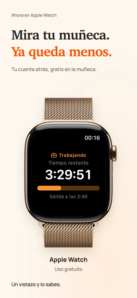 DoneAt en Apple Watch con el tiempo que queda del turno, una barra de progreso y la hora de salida.