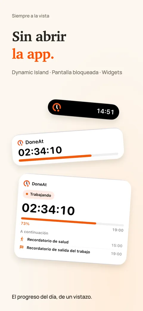 DoneAt en la Dynamic Island, como Actividad en vivo en la pantalla bloqueada y como widget en la pantalla de inicio, con el tiempo que queda y el progreso del turno.