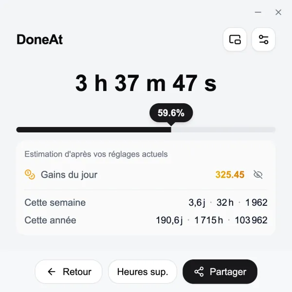 La fenêtre DoneAt sur ordinateur : temps restant, progression, gains du jour et totaux de la semaine et de l’année.