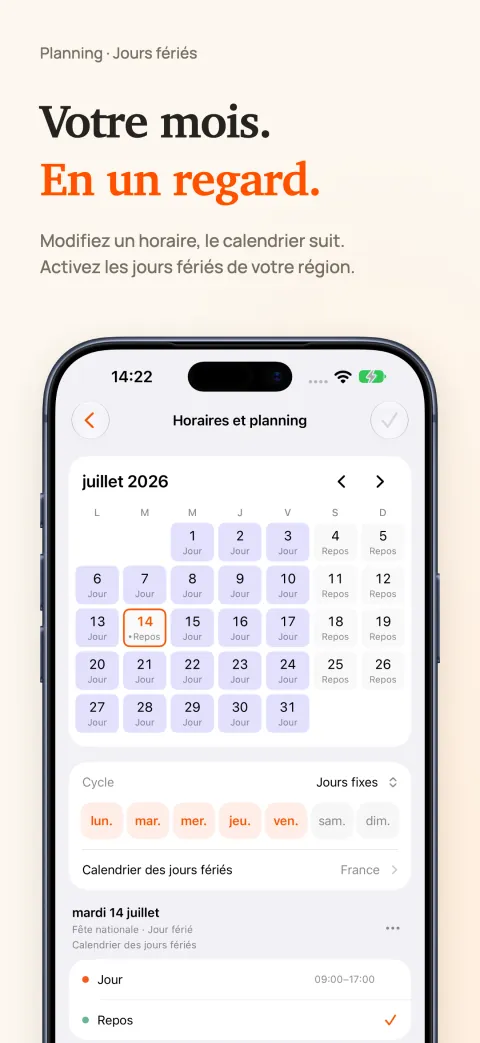 Le calendrier mensuel de DoneAt sur iPhone, avec jours travaillés et jours de repos, puis le modèle par jour de semaine et un calendrier des jours fériés.