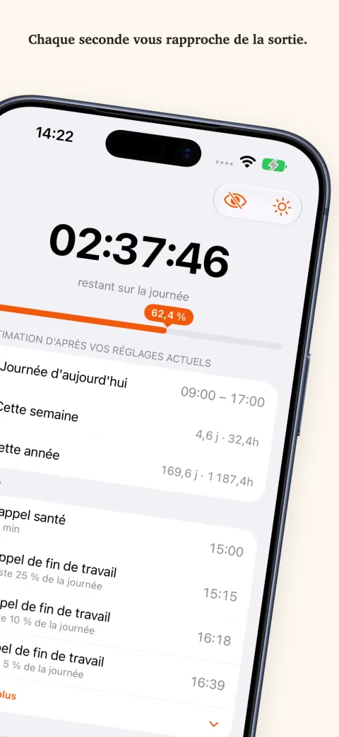 DoneAt sur iPhone : le temps restant de la journée au-dessus d’une barre de progression, puis les heures de la semaine et de l’année et la liste des prochains rappels.