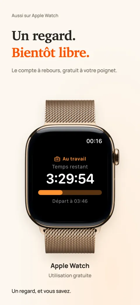 DoneAt sur Apple Watch affichant le temps restant, une barre de progression et l’heure de fin de journée.