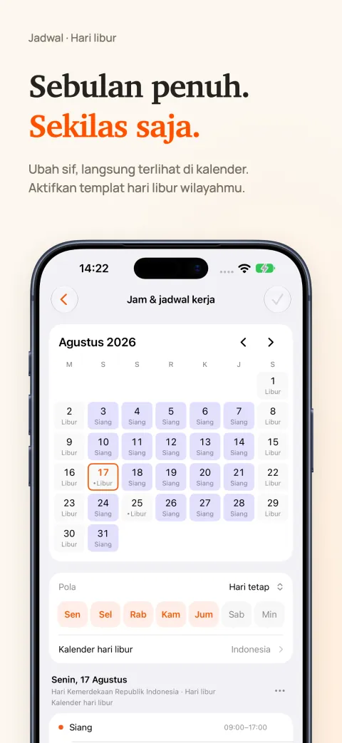 Kalender bulanan DoneAt di iPhone yang menandai hari kerja dan hari libur, dengan pola per hari dan kalender hari libur di bawahnya.
