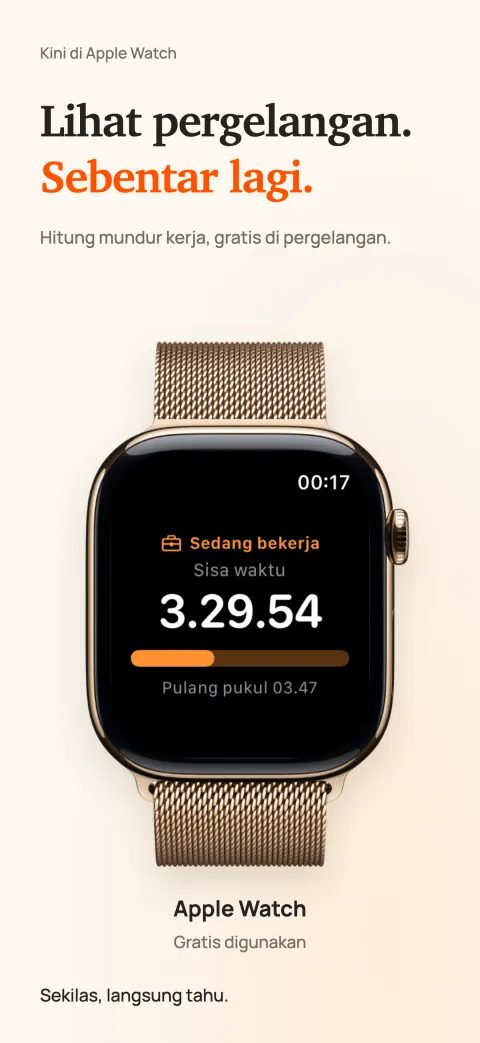 DoneAt di Apple Watch yang menampilkan sisa waktu sif, bilah kemajuan, dan jam pulang.