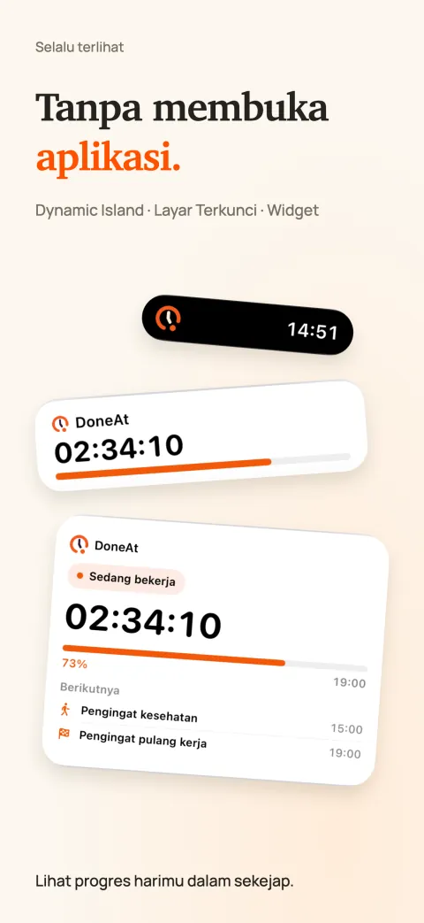 DoneAt di Dynamic Island, sebagai Live Activity di layar kunci, dan sebagai widget di layar utama, masing-masing menampilkan sisa waktu dan kemajuan sif.