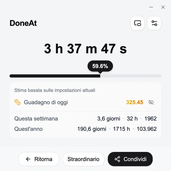 La finestra di DoneAt sul computer con il tempo che manca, l’avanzamento, il guadagno di oggi e i totali della settimana e dell’anno.