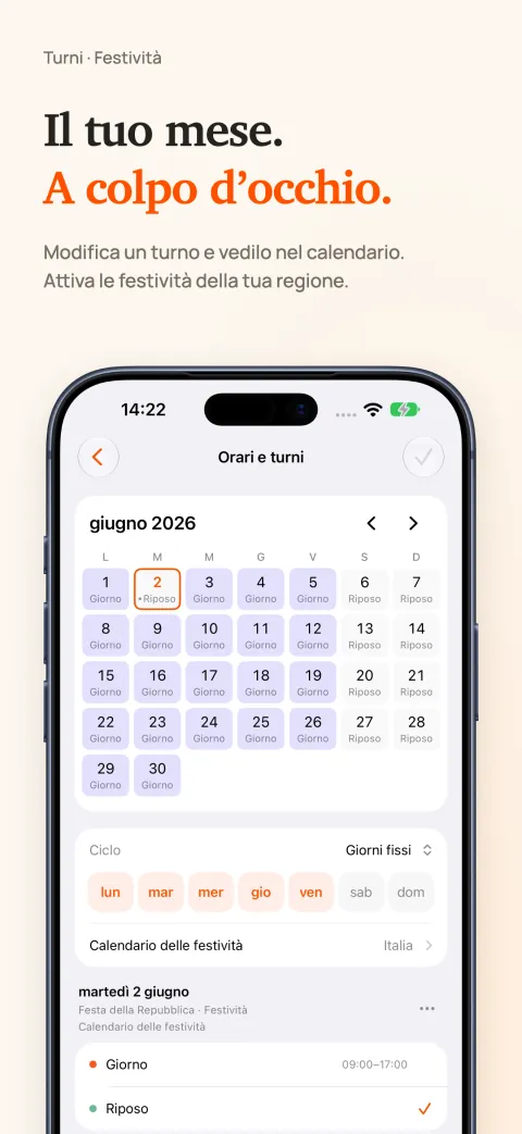 Il calendario mensile di DoneAt su iPhone con giorni lavorativi e di riposo e, sotto, lo schema per giorni della settimana e un calendario delle festività.