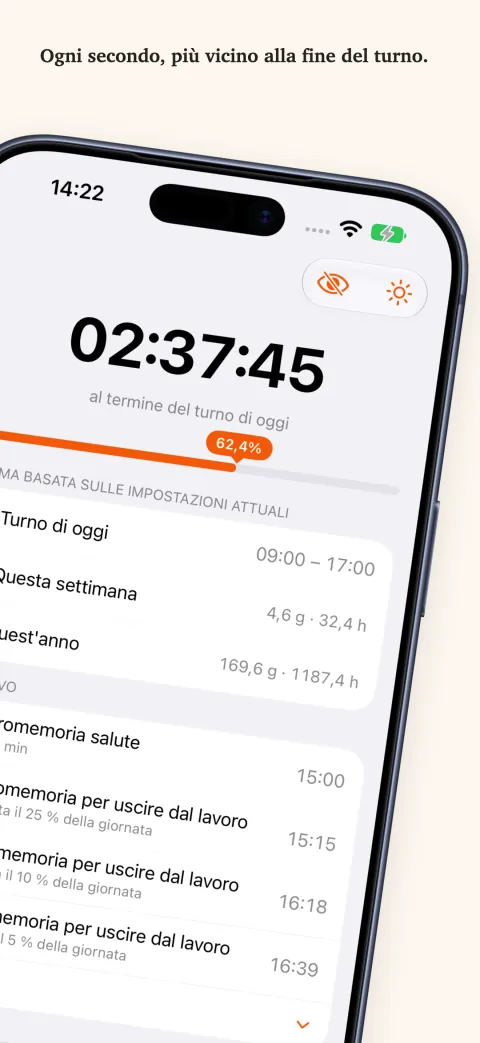 DoneAt su iPhone: il tempo che manca alla fine del turno sopra una barra di avanzamento, poi le ore di questa settimana e di quest’anno e l’elenco dei prossimi promemoria.