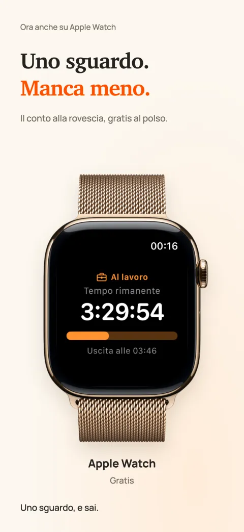 DoneAt su Apple Watch con il tempo che manca alla fine del turno, una barra di avanzamento e l’orario di uscita.