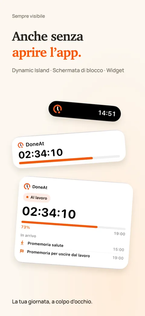 DoneAt nella Dynamic Island, come Attività in tempo reale sulla schermata di blocco e come widget nella schermata Home, con il tempo che manca e l’avanzamento del turno.
