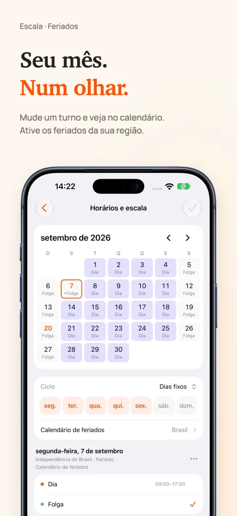 Calendário mensal do DoneAt no iPhone com dias de trabalho e de folga e, abaixo, o padrão por dia da semana e um calendário de feriados.