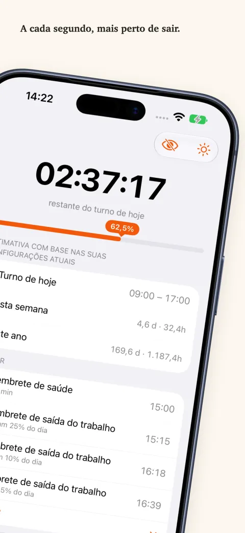 DoneAt no iPhone: o tempo restante do turno de hoje acima de uma barra de progresso e, abaixo, as horas desta semana e deste ano e a lista dos próximos lembretes.