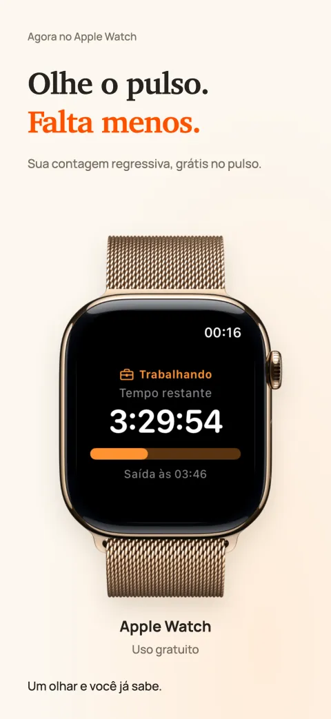 DoneAt no Apple Watch com o tempo restante do turno, uma barra de progresso e a hora de saída.