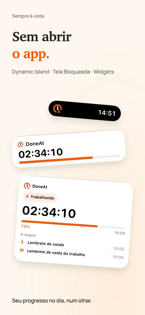 DoneAt na Dynamic Island, como Atividade ao Vivo na tela bloqueada e como widget na tela de início, com o tempo restante e o progresso do turno.