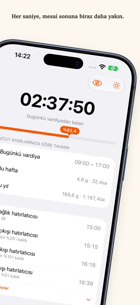iPhone'da DoneAt: ilerleme çubuğunun üstünde bugünkü vardiyadan kalan süre, altında bu haftanın ve bu yılın saatleri ile yaklaşan hatırlatmaların listesi.