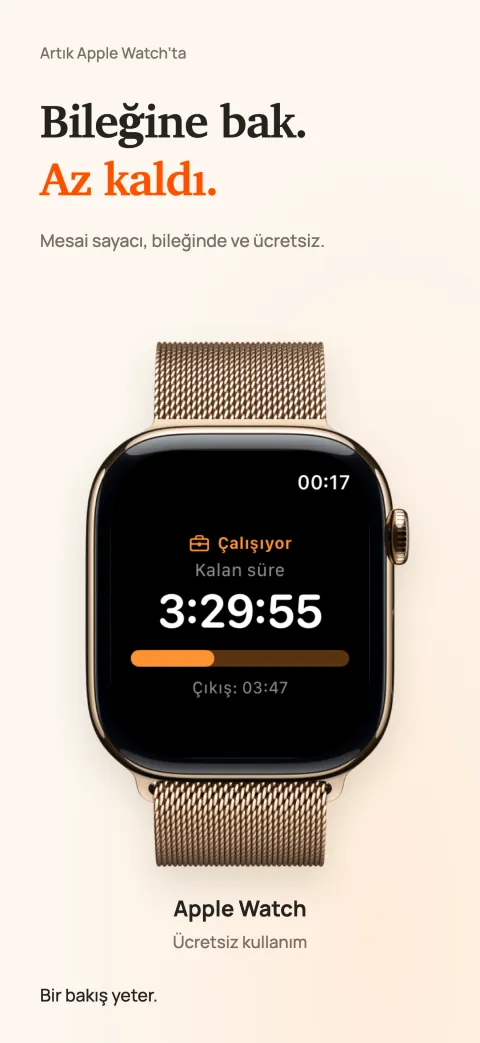 Apple Watch'ta DoneAt: vardiyadan kalan süre, ilerleme çubuğu ve paydos saati.