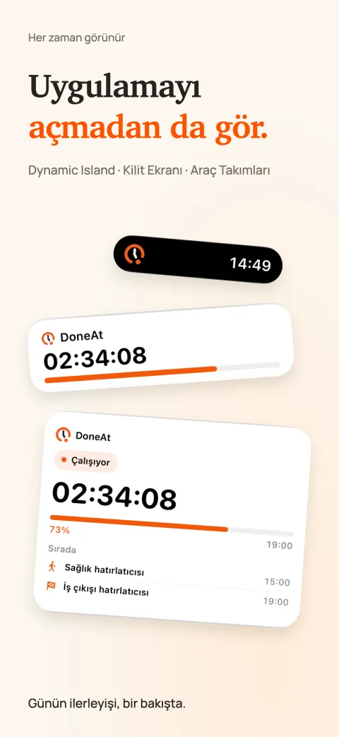Dynamic Island'da, kilit ekranında Canlı Etkinlik olarak ve ana ekranda widget olarak DoneAt; her biri vardiyadan kalan süreyi ve ilerlemeyi gösteriyor.