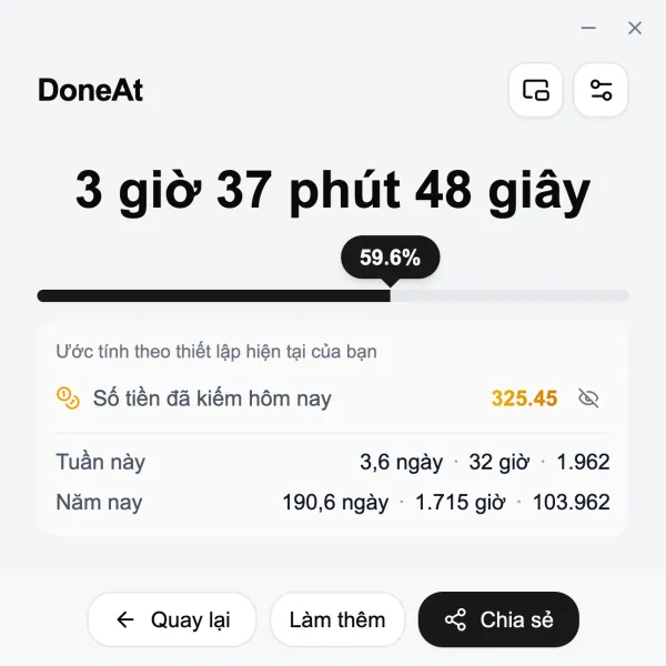 Cửa sổ DoneAt trên máy tính hiện thời gian còn lại của ca, tiến độ, số tiền kiếm được hôm nay và tổng của tuần này, năm nay.