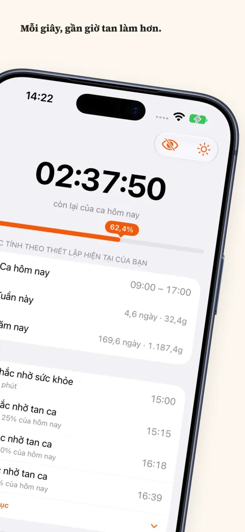 DoneAt trên iPhone: thời gian còn lại của ca hôm nay phía trên thanh tiến độ, bên dưới là số giờ tuần này, năm nay và danh sách lời nhắc sắp tới.