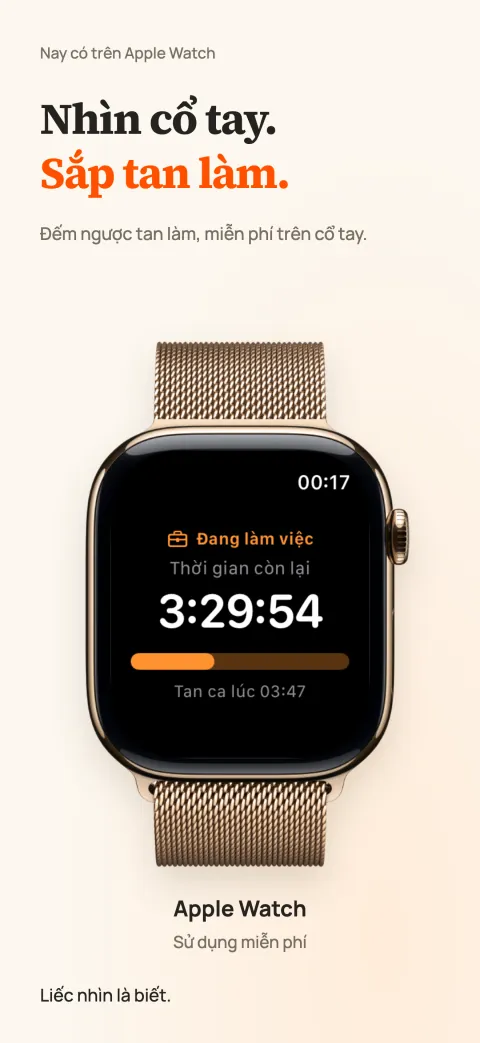 DoneAt trên Apple Watch hiện thời gian còn lại của ca, thanh tiến độ và giờ tan ca.