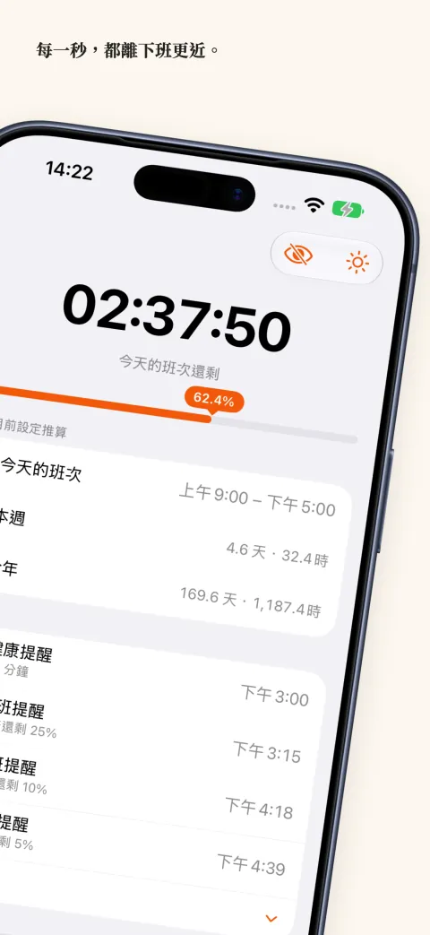 iPhone 上的 DoneAt：進度條上方是今天這班剩下的時間，下方是本週、今年的工時和接下來的提醒。